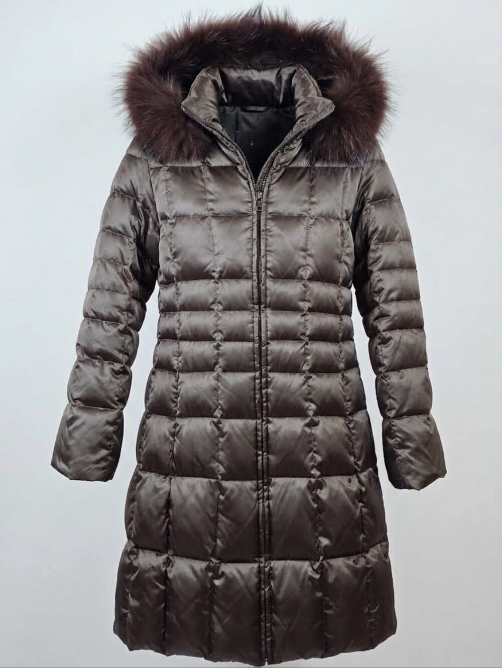 Andrew Marc Goose Down Long Puffer Coat Real Fur Hood Bronze Brown Sz. Small